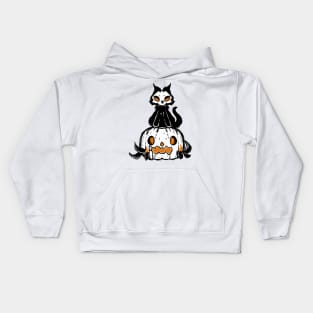 Scared pumpkin and spooky cat halloween 2022 decoration ink drawing Kids Hoodie